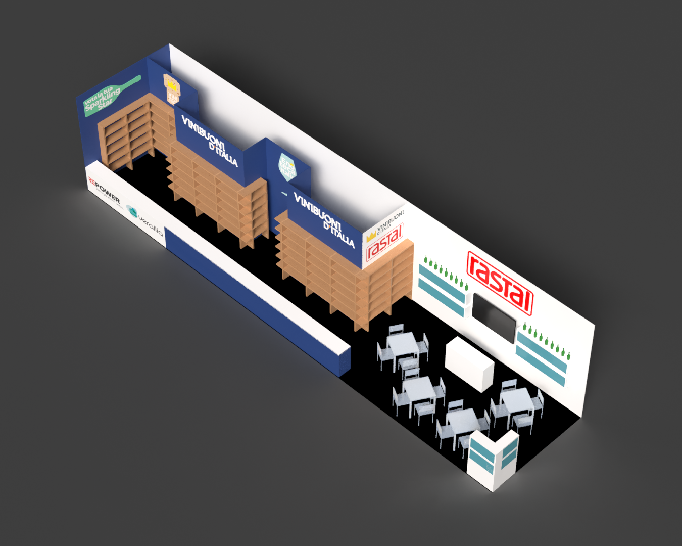 Vista isometrica dello stand Vinitaly: scaffali di legno, area degustazione e logo Rastall. 